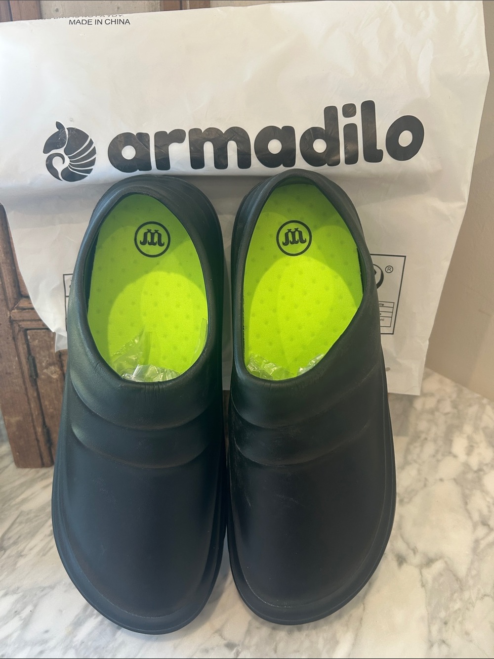 Men's Black Slip-On Loafers with Neon Green Insole Nurse Chef Shoes